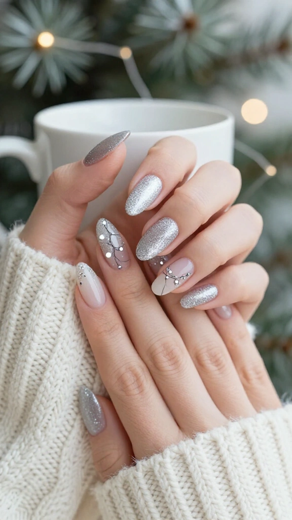 Silver glitter ombre with white Christmas lights