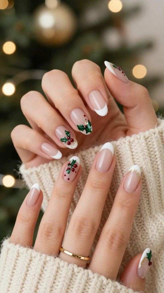 French tips with tiny holly leaves