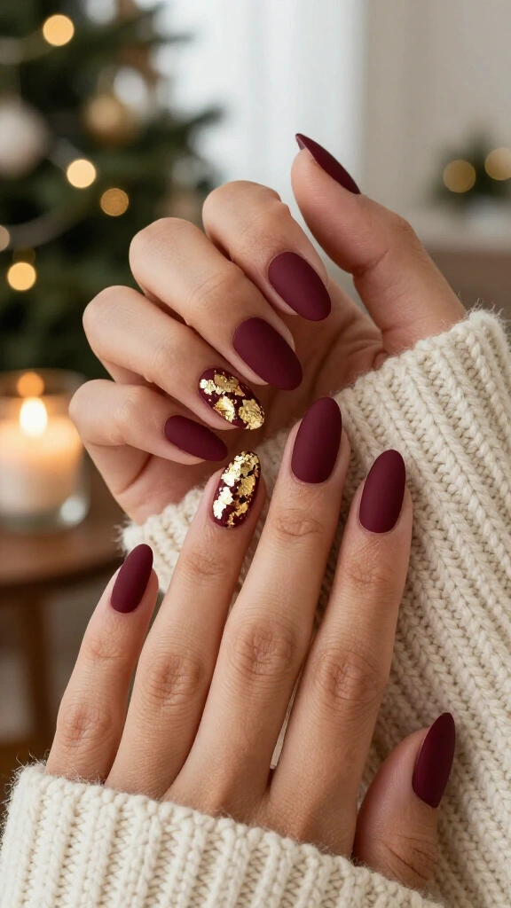 Matte burgundy nails with gold foil