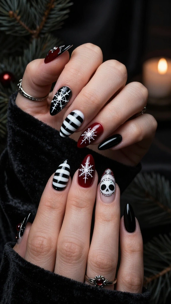 Black, red, and white Nightmare Christmas nails