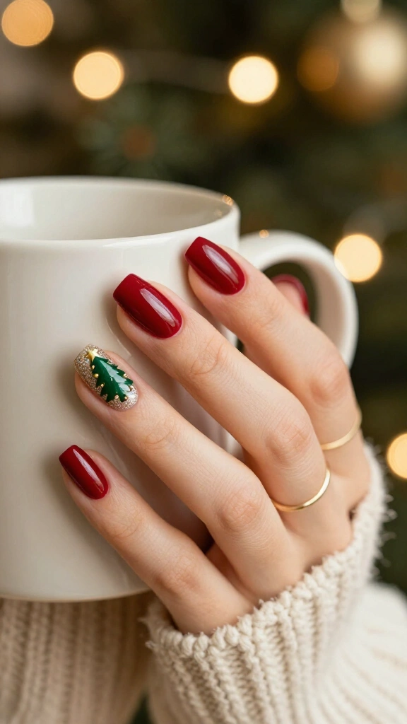 Sparkling Christmas tree accent nails