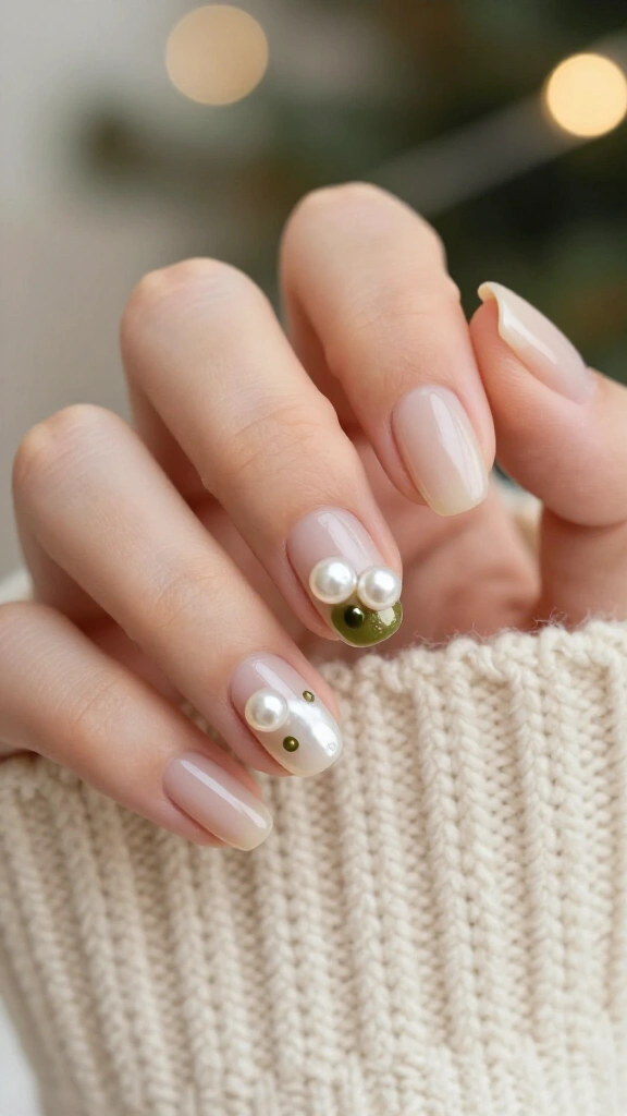 Mistletoe Pearl Studs on Clean Nails