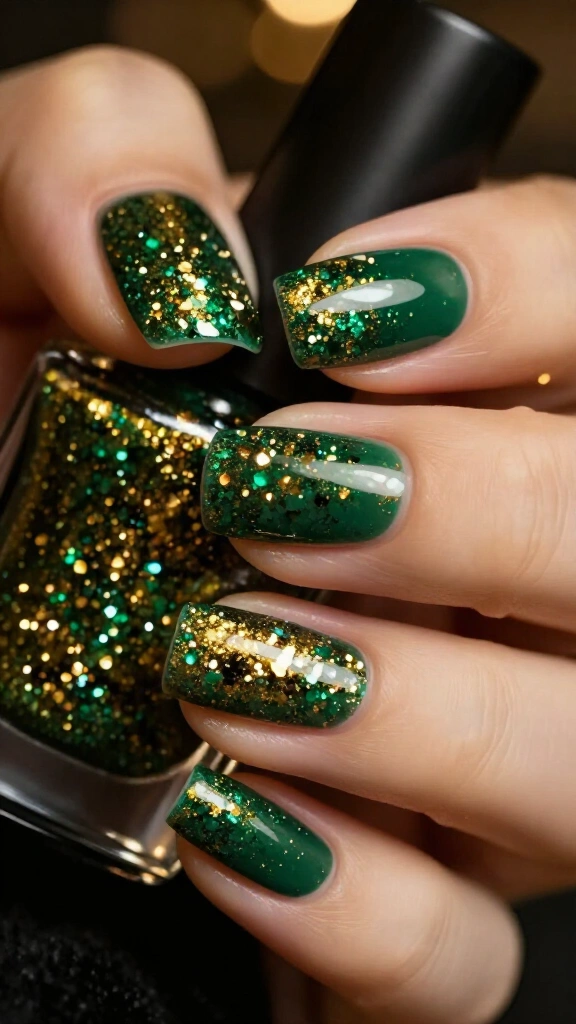 Midnight green glitter nails
