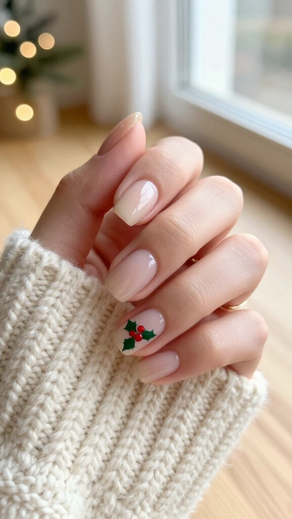 Nude nails with holly berry detail