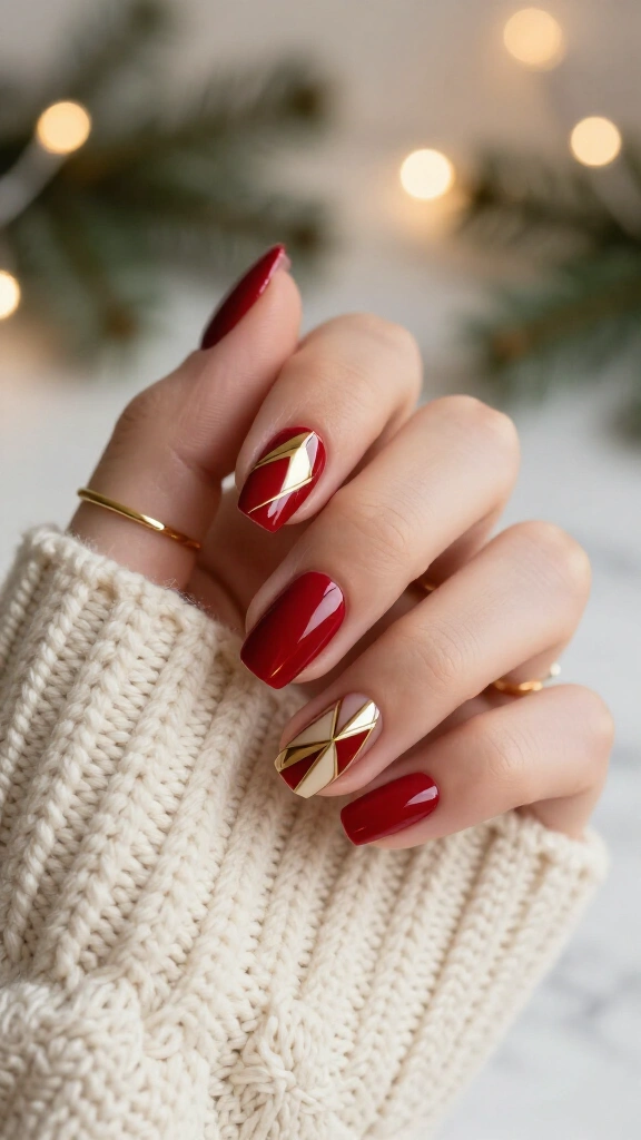 Red and gold geometric nails