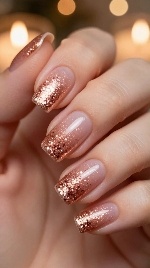 Rose gold nails with glitter fade