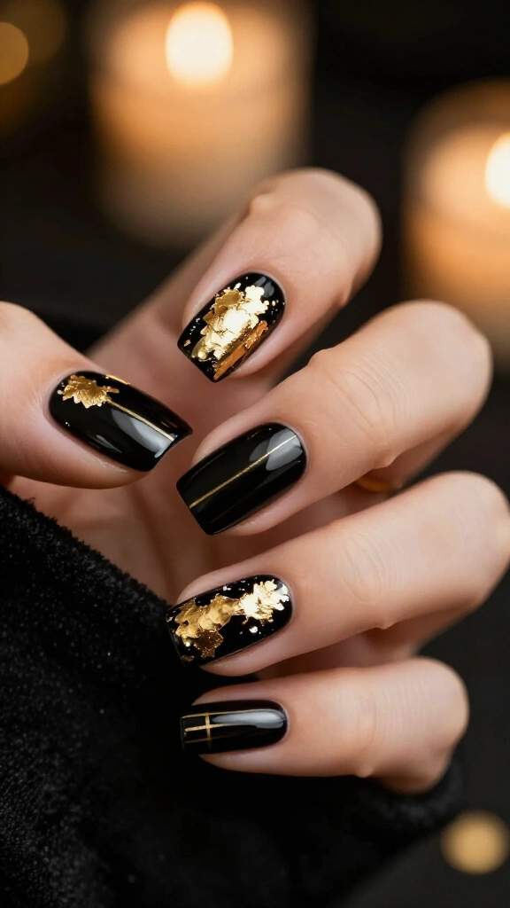 Black and gold elegant holiday nails