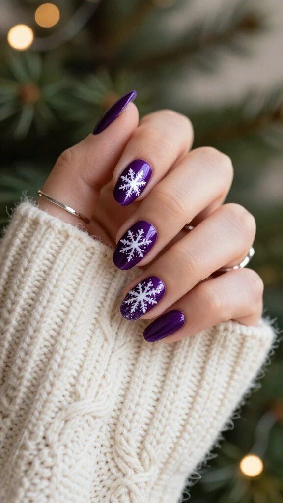 Dark purple snowflake nail art