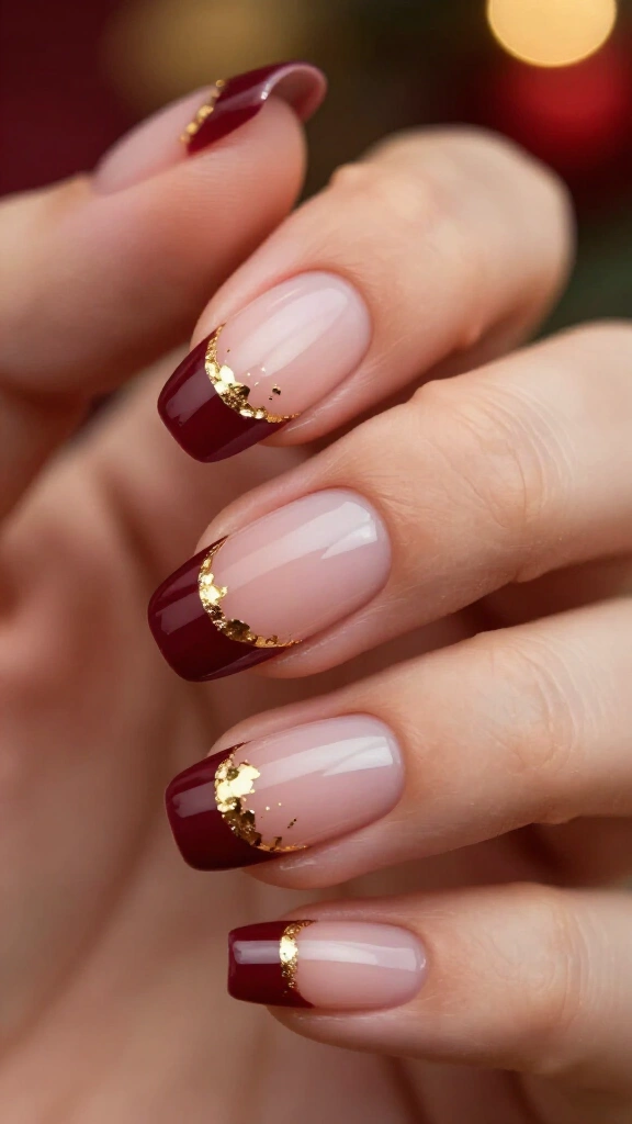 Burgundy French Tips with Gold Foil