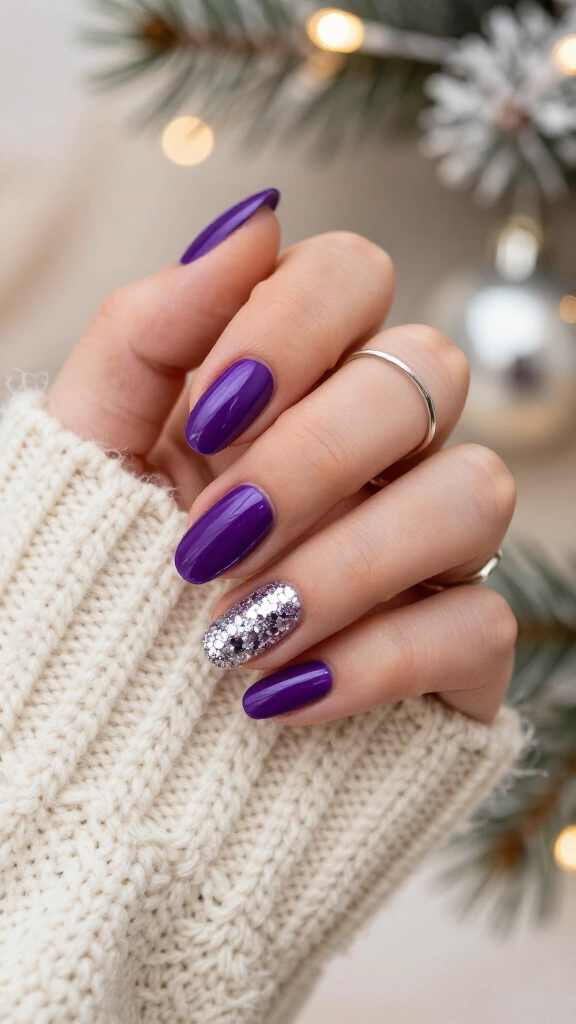 Purple and silver glitter accent nails