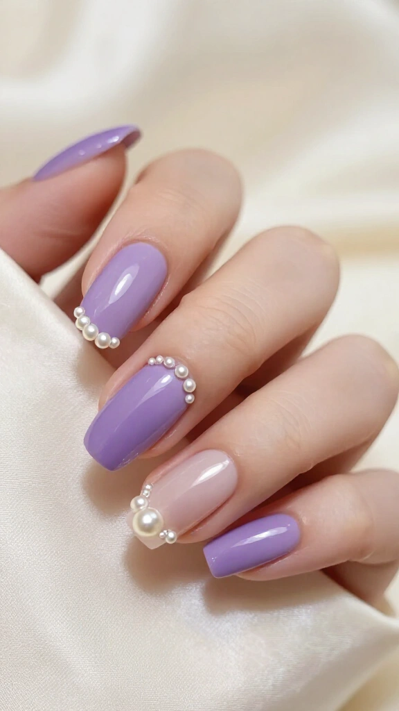 Violet gel nails with pearl details