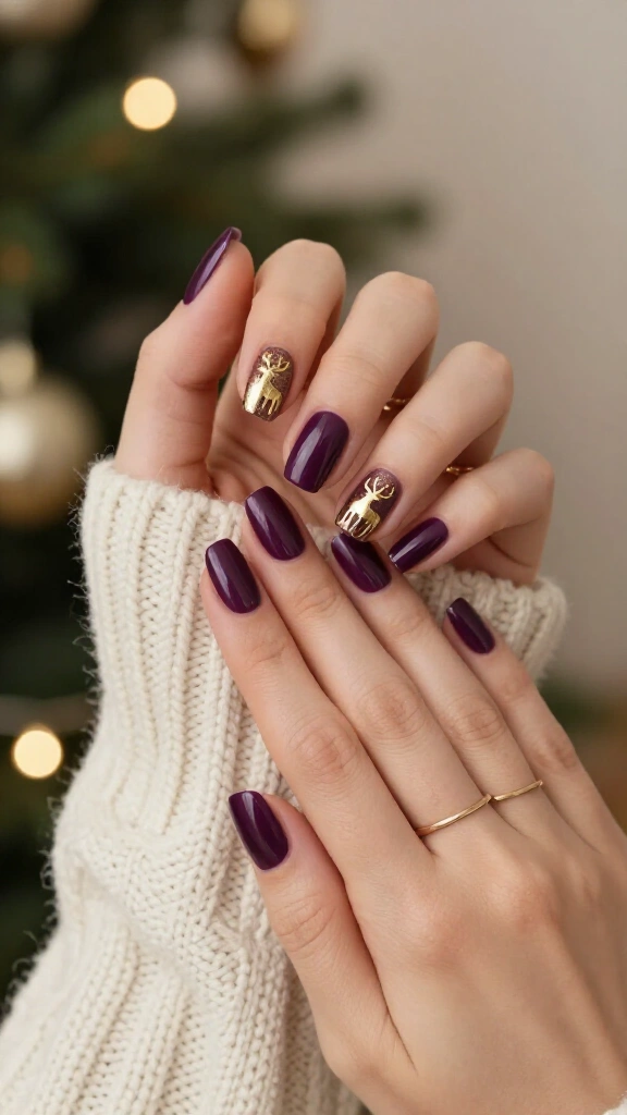 Dark purple with gold reindeer nail art