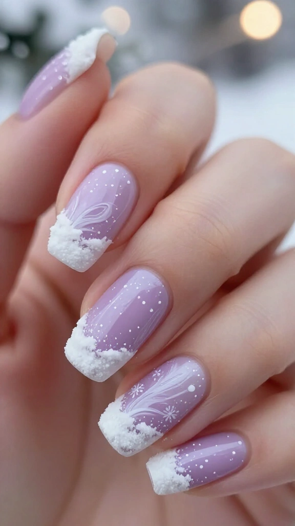 Lilac and white snowscape nails