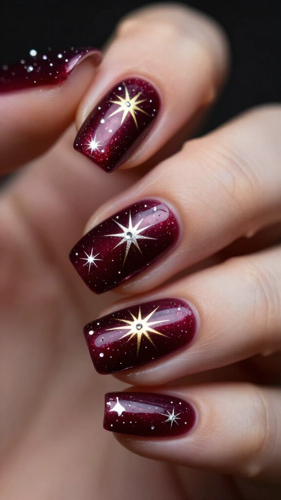 Celestial Starburst Wine Nails