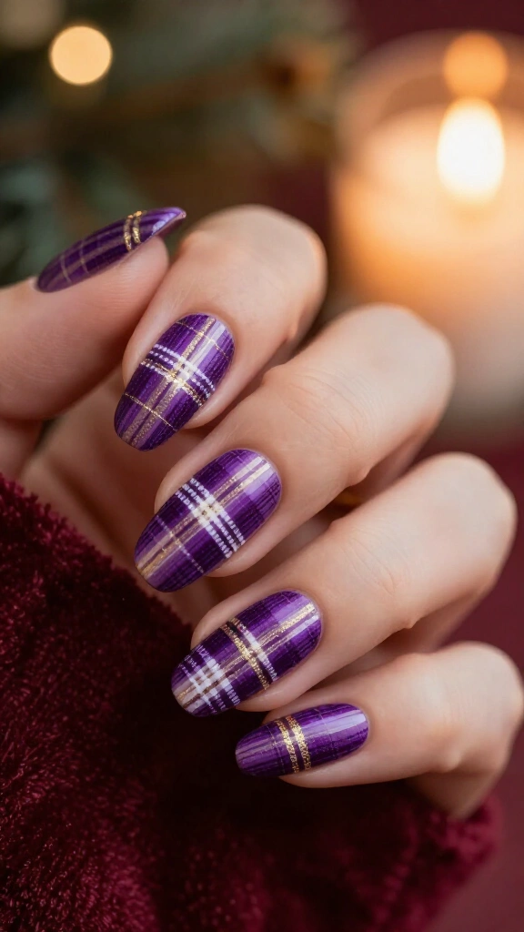 Purple plaid Christmas nails