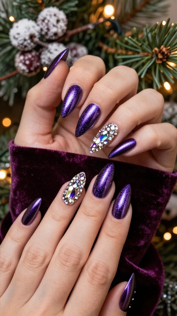 Full glam violet stiletto Christmas nails