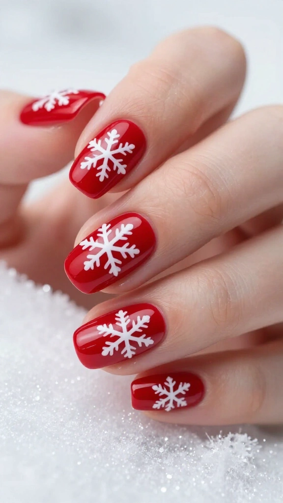 Classic white snowflakes on red nails