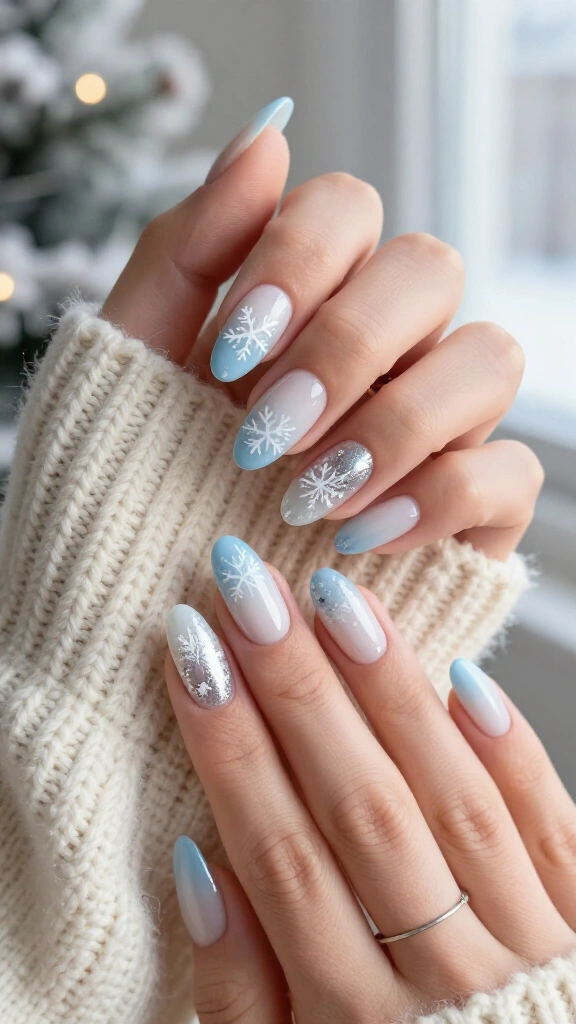 Icy blue snowflake ombre nails