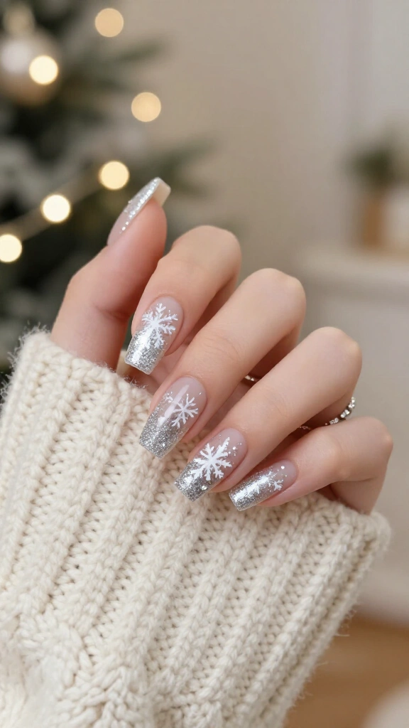 Silver glitter snowflake tips