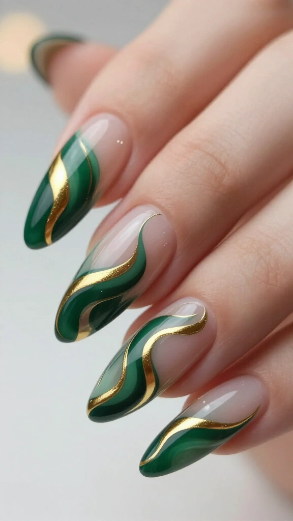 Modern Abstract Evergreen & Chrome Swirls