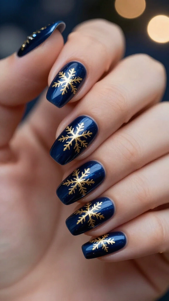 Navy blue and gold snowflake nails