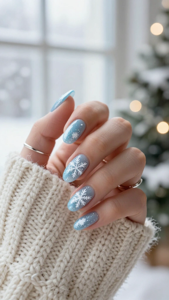 Snowflake and snowfall nail art