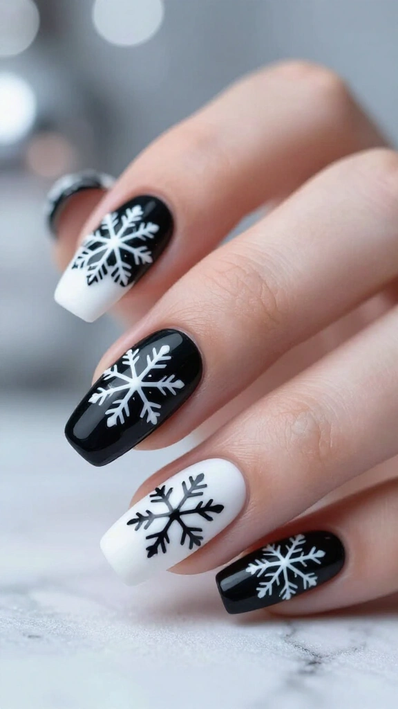 Black and white geometric snowflake nails