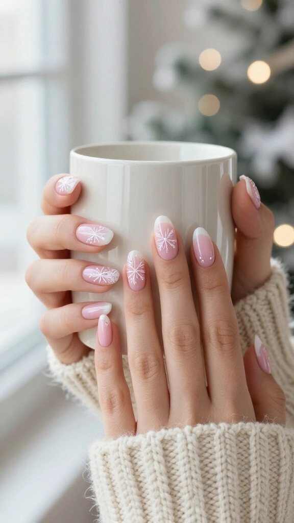 Pastel pink snowflake nails