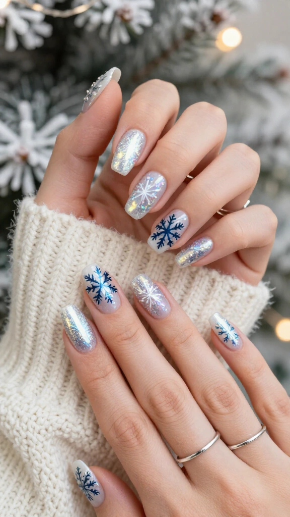 Holographic snowflake nails