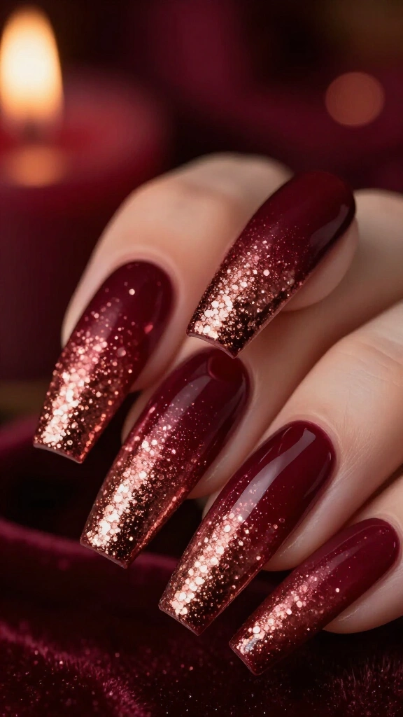 Moody Cranberry & Rose Gold Glitter Fade