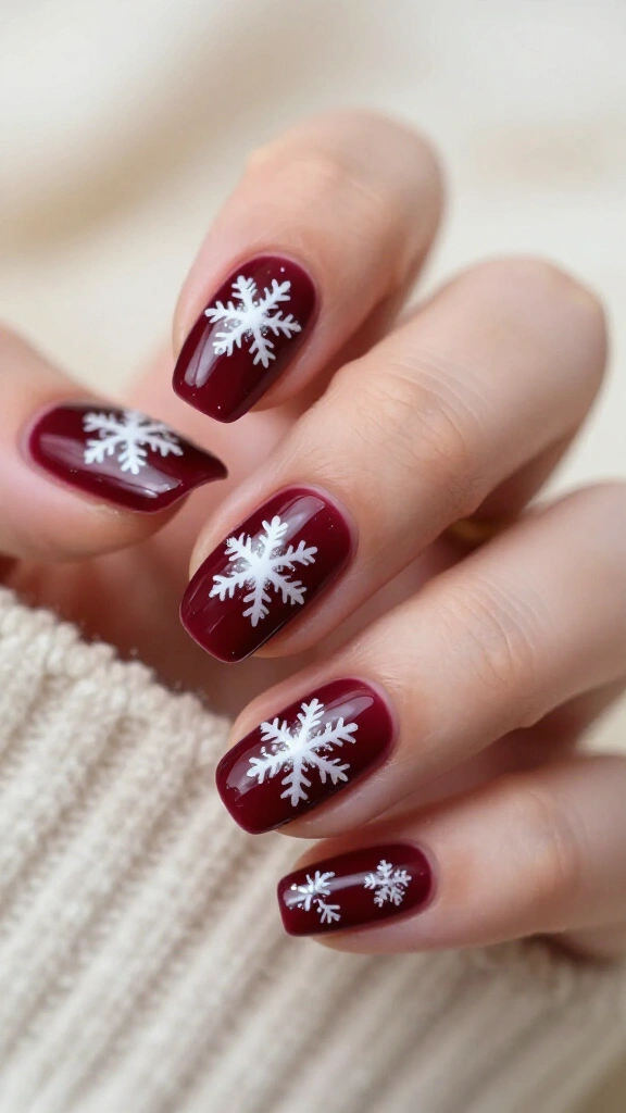 Cozy burgundy and white snowflake nails