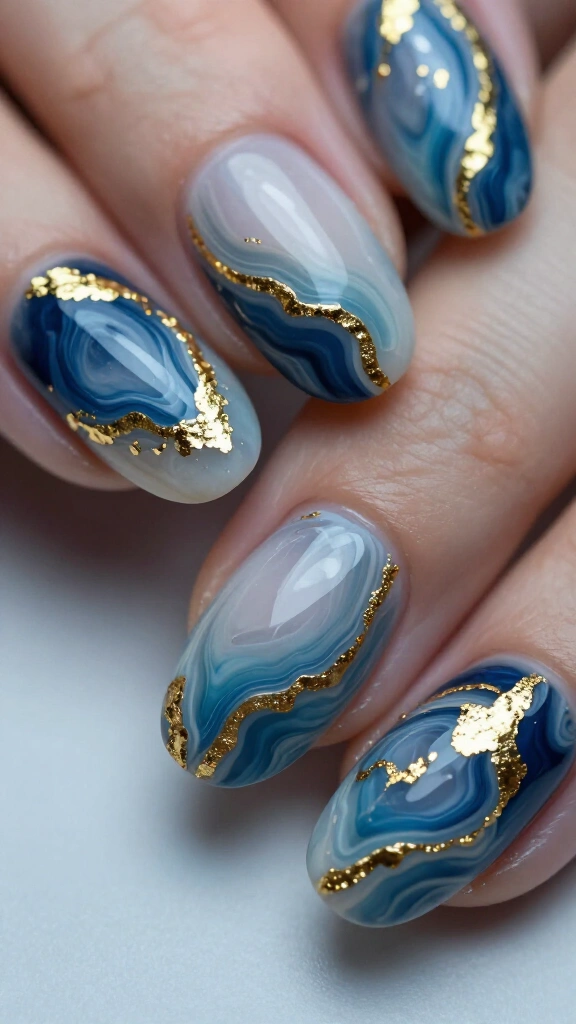 Blue Agate Marble with Gold Leaf