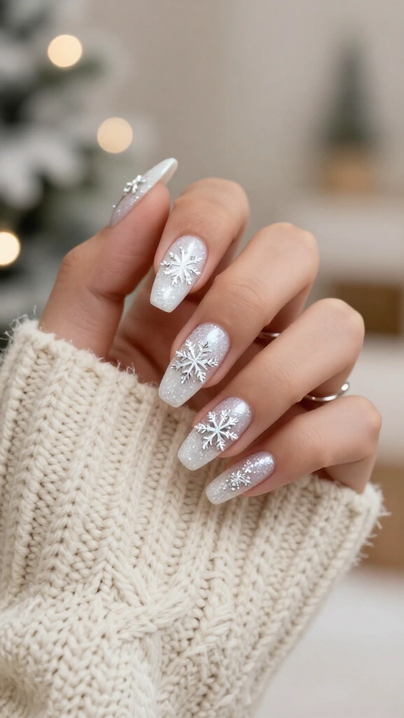 Glittery white snowflake statement nails