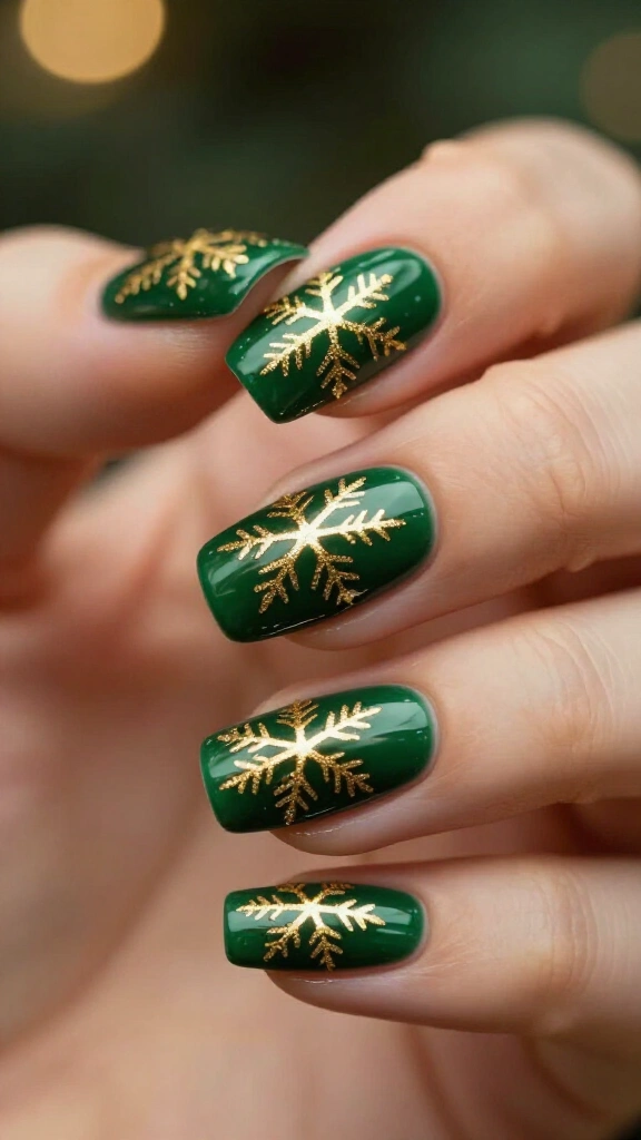 Green and gold snowflake nails