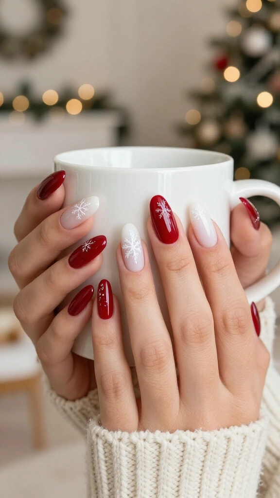 Ombre red to white with snowflakes