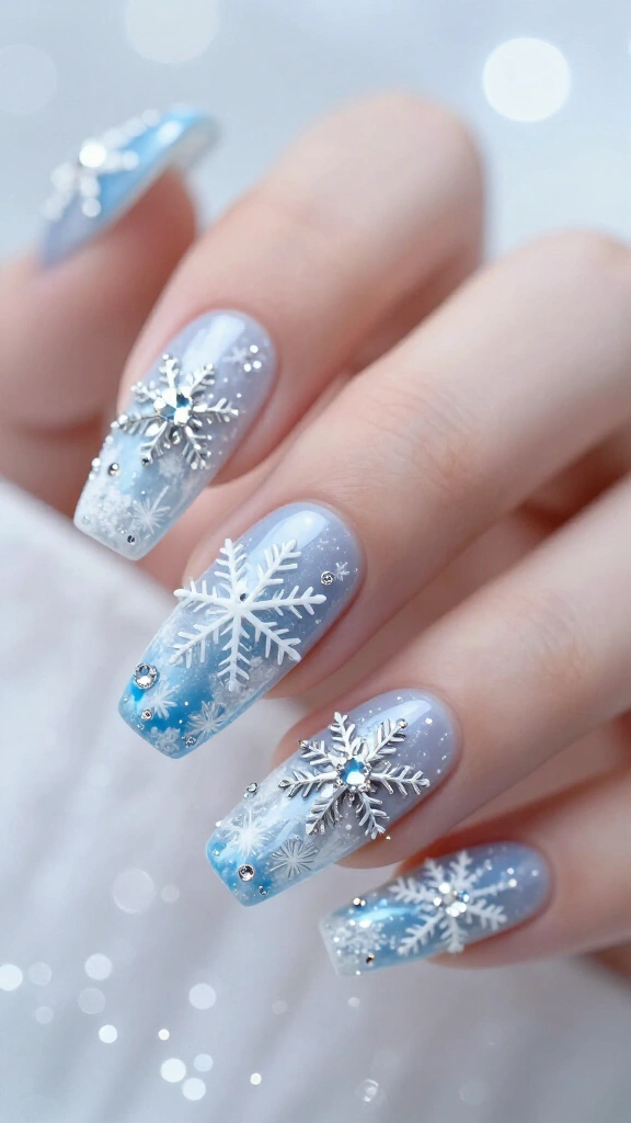 Snowflake nails with crystal accents