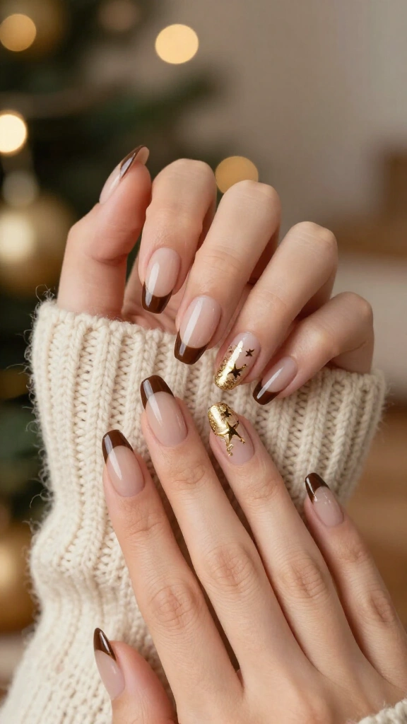 Deep Espresso French Tips with Gold Stars