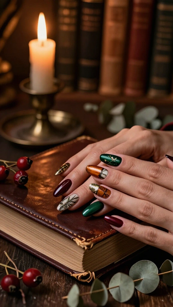 Dark academia Christmas nails