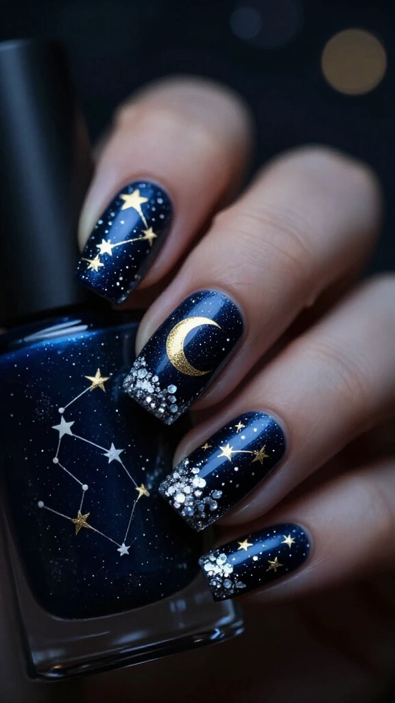 Midnight sky Christmas nails