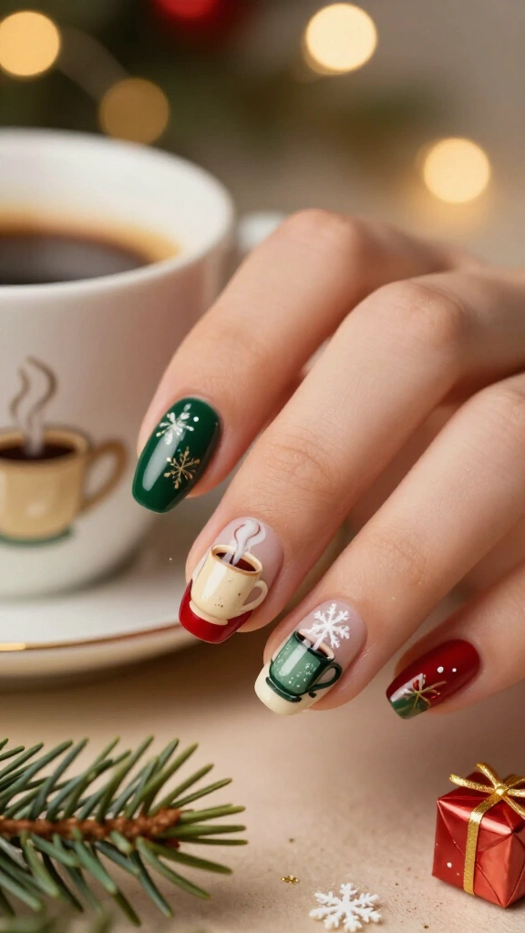 Christmas morning coffee cup nails