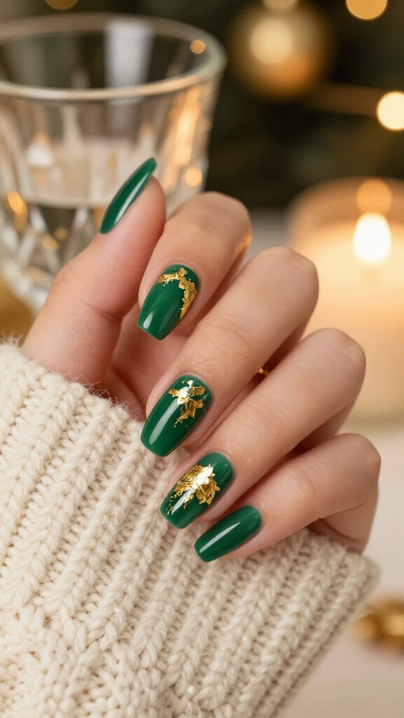 Emerald green with gold foil nails