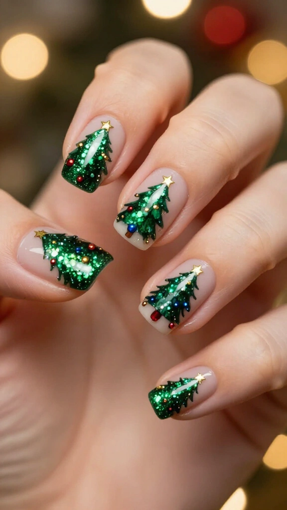 Classic green glitter Christmas tree nails