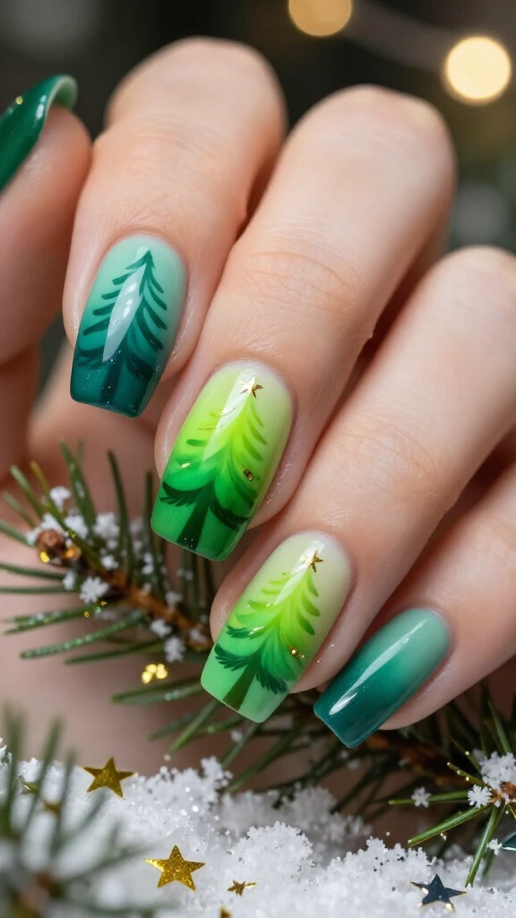 Ombre sunset Christmas tree nails