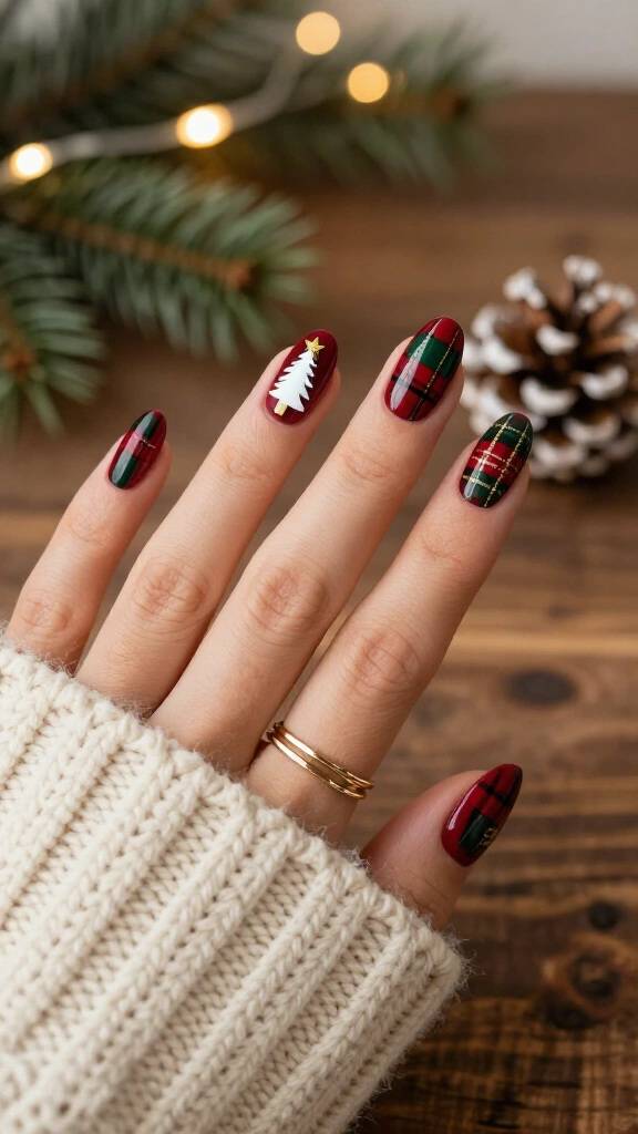 Plaid background Christmas tree nails