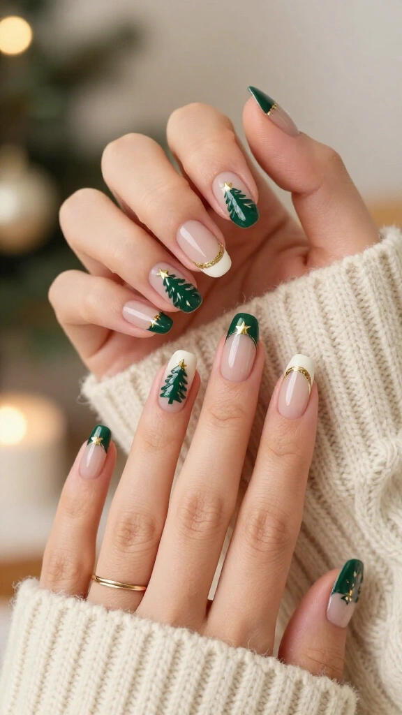 French tip Christmas tree nails