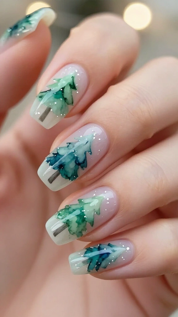 Watercolor wash Christmas tree nails