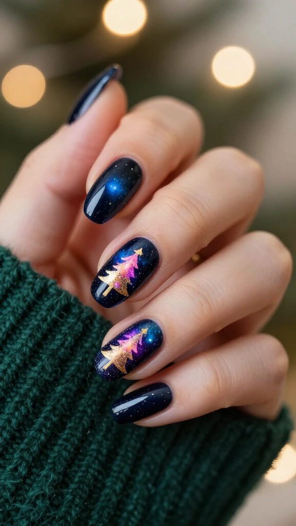 Galaxy Christmas tree nails