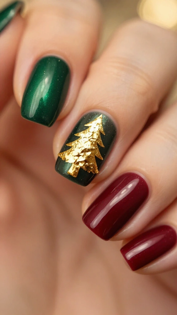 Gold foil Christmas tree accent nail