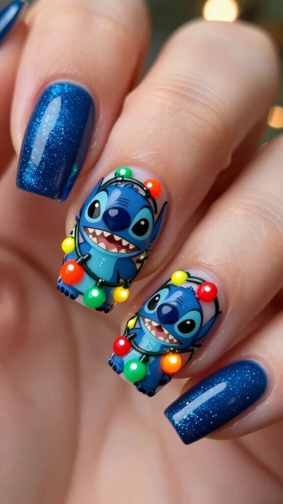 Stitch tangled in Christmas lights