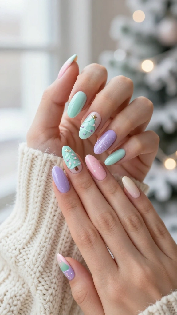 Pastel cute Christmas tree nails